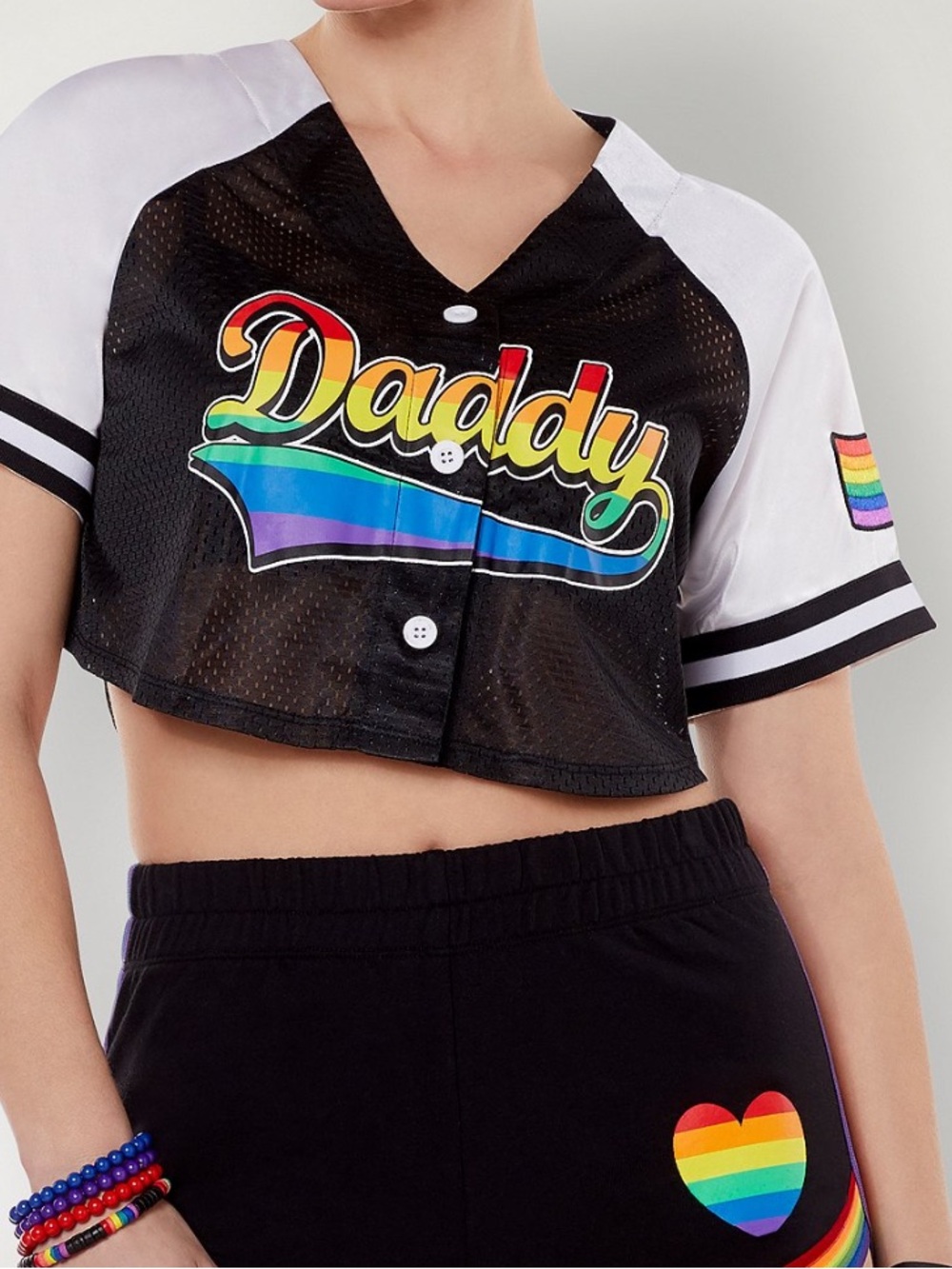 Spencer's Black Baseball Crop Top with Rainbow 'Daddy' Script